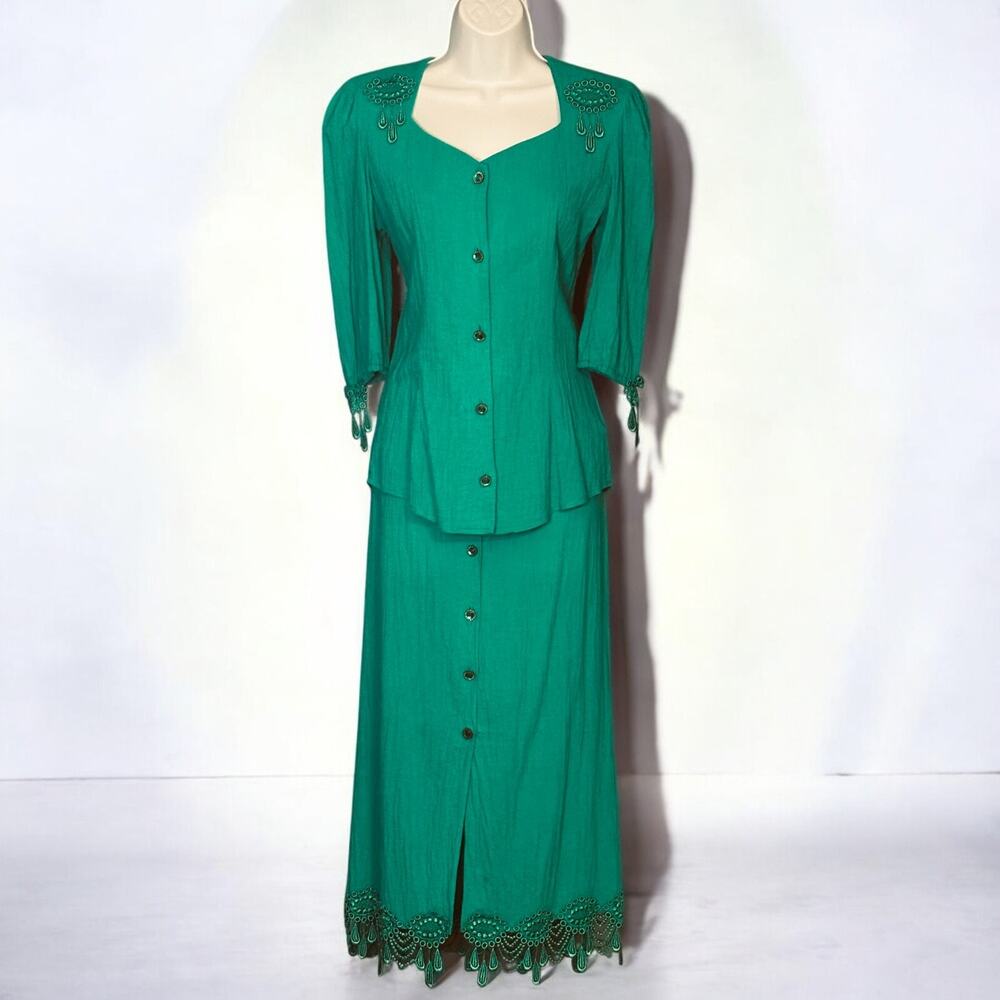 Vintage Lilia Smith Prairiecore Maxi Skirt Set Teal Green Western Cottage XS USA